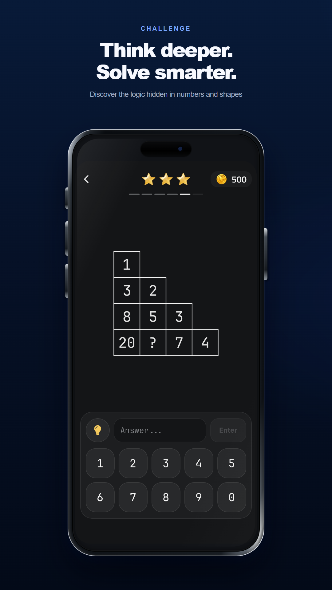 A Geniot number pyramid puzzle with an answer keypad